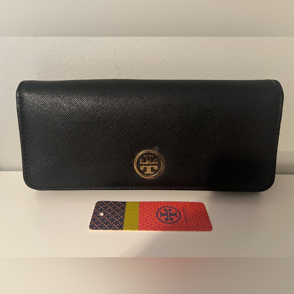 Tory Burch Black and Gold Saffiano Leather Wallet